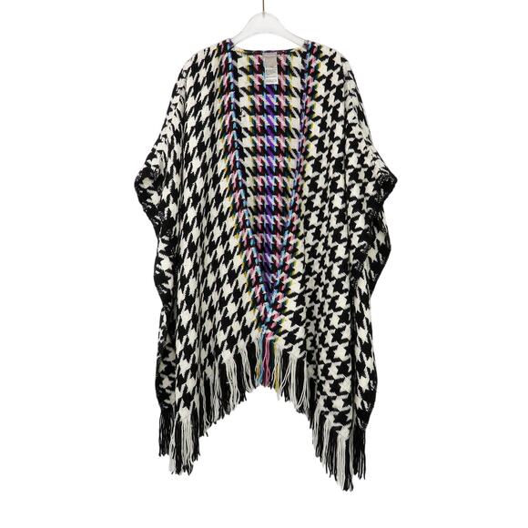 Chico's Houndstooth Ruana Wrap Shall Poncho Knit Sweater Rainbow Tassels Cozy - Picture 1 of 8